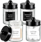 Amolliar 4 Pack Qtips Dispenser Holder - Bathroom Countertop Storage Organizer Containers - Glass Apothecary Jars with Black Plastic Lid for Q-tips Cotton Balls, Swabs, Round Pads, Floss