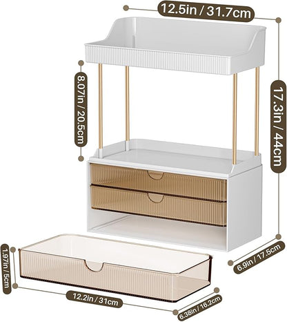 caktraie Bathroom Organizers and Storage - 3 Drawers 2 Tier Makeup Organizer, Cosmetic Storage Drawer for Dresser Countertop and Bathroom Vanity for Large Skincare, Perfume, Amber