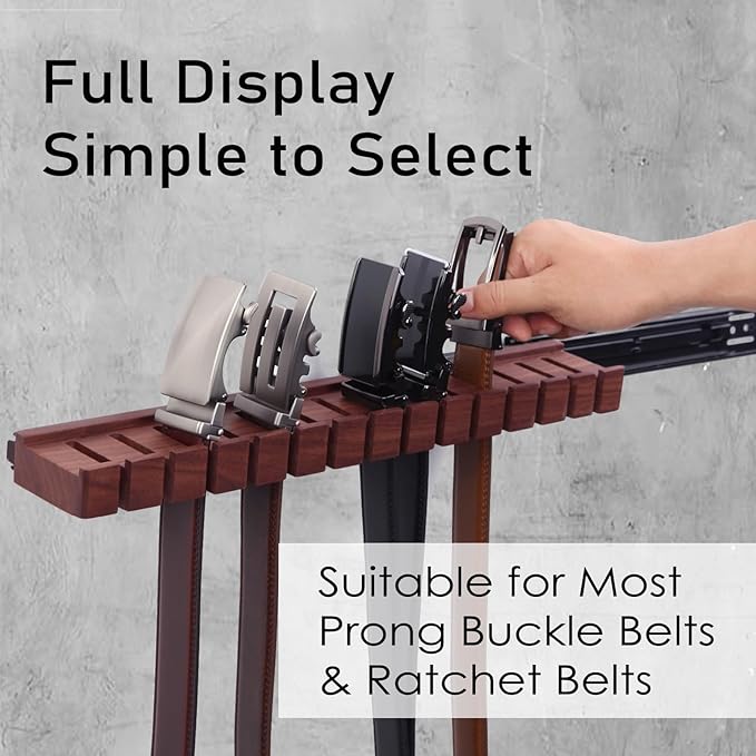 14 Belts Walnut Wood Belt Holder with Slide, Left or Right Slide Flexible Install Belt-Rack, Belt Hanger for Closet, Space Saving Belts Storage Organizer, Gift for Men