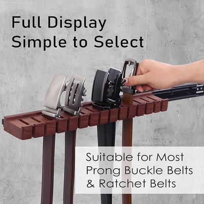 14 Belts Walnut Wood Belt Holder with Slide, Left or Right Slide Flexible Install Belt-Rack, Belt Hanger for Closet, Space Saving Belts Storage Organizer, Gift for Men