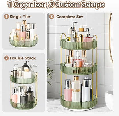 360° Rotating Makeup Organizer for Vanity, 3 Tier Perfume Organizers Skincare Organizers and Storage for Bathroom Countertop, Spinning Cosmetic Organizer for Bedroom Dresser Counter (Green)