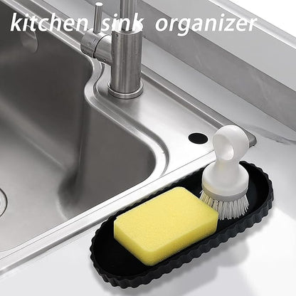 Silicone Bathroom Tray, Small Vanity Organizer, Rectangle Sink Caddy Sponge Holder Kitchen Counter Decor for Dish Soap, Perfume, Candle (Black)