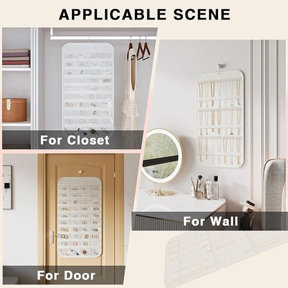 2-Pack Hanging Jewelry Organizer Storage, 40 Pockets 36 Hooks Necklace Earring Necklace Bracelet Ring Organizer, Double - Sided Design, White