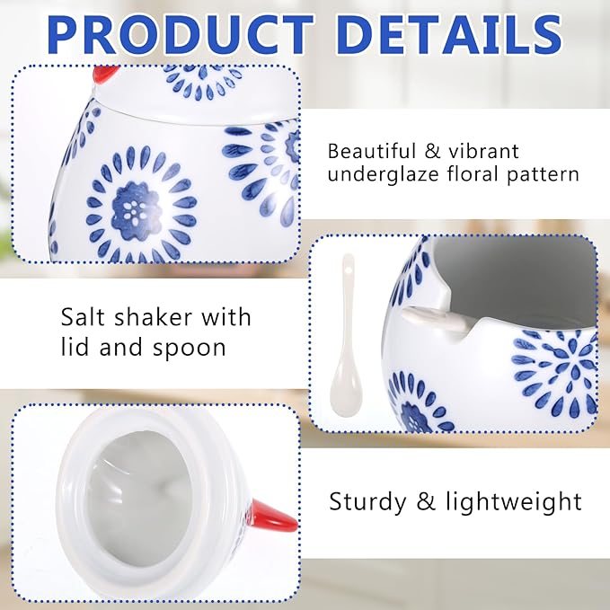 15.8 oz Ceramic Salt Cellar with Lid & Spoon, Large Blue Rooster Design Countertop Storage, Multifunctional Kitchen Jar for Kosher Salt, Pepper, Spices, Herbs, Coffee & More