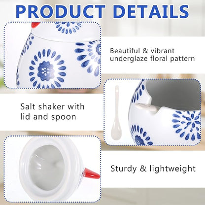 15.8 oz Ceramic Salt Cellar with Lid & Spoon, Large Blue Rooster Design Countertop Storage, Multifunctional Kitchen Jar for Kosher Salt, Pepper, Spices, Herbs, Coffee & More