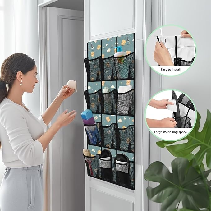 Cute Bear Over the Door Shoe Organizer 12 Large Pockets Hanging Shoe Organizer for Closet Foldable Shoe Rack for Door Sock Organizer