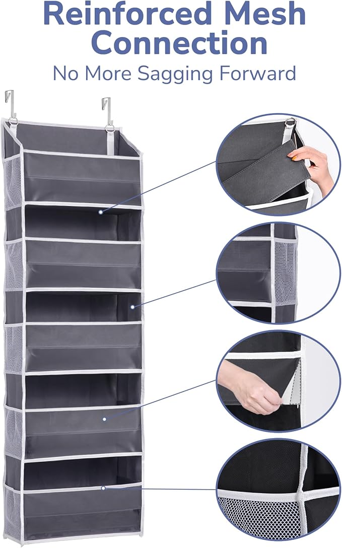 ULG 1 Pack Over Door Organizer with 5 Large and 10 Mesh Side Pockets, 44 lbs Weight Capacity Hanging Storage with Clear Window Kids Toys, Shoes, Diapers, Dark Grey, 5 Layers