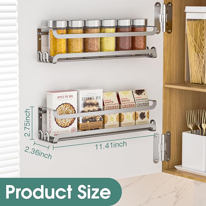 LUCYCAZ 2 Pack Wall Mounted Spice Rack with 8 Hooks, Spice Organizer Shelf for Stove Cabinet Pantry Door,Screw or Adhesive Spice Shelf Hanging Wall Spice Rack in Kitchen and RV (Silver, 2 PACK)