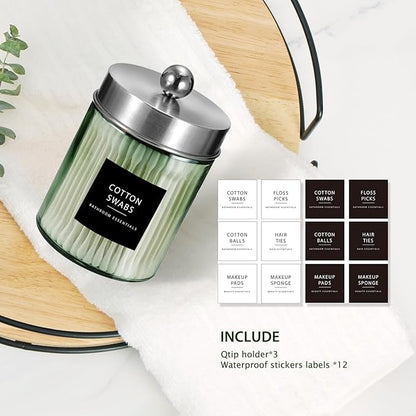 3 Pack Apothecary Jar Canisters Bathroom Vanity Organizer - Qtip Holder Storage Organizer Set Countertop Canister with Stainless Steel Lids &Cute Stickers for Qtips,Cotton Swabs,Makeup Sponges,Floss