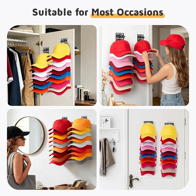 Accevo Spring Clip Hat Organizer Hold Storage 20 Caps for Baseball Caps (2-Pack), Hat Holder with Strong Adhesive and 8 Pack Screws, Hat Storage Display Holder for Closet Door and Wall