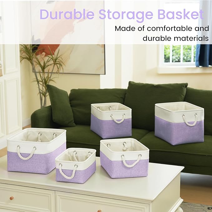 Large Storage Baskets- 15.7x11.8x8.26 inch Storage Bins for Shelves and Closet Organizing, Foldable Fabric Bin for Home Organization Clothes and Laundry (1-Pack, White&Purple)