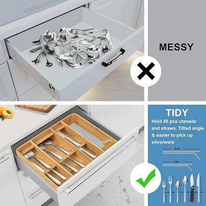 Bamboo Kitchen Drawer Organizer, Silverware Utensil Tray Holder, Extra Deep Grooved Drawer Divider, 7 Slots Total Bamboo Wood Caddy for Flatware Cutlery Knives, Forks, Spoons Eco-Friendly