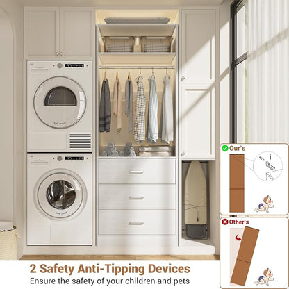 Besiost Freestanding 2FT Closet System with 3 Wood Drawers, 24" Closet Organizer System with Hanging Rod & Shelves, Walk-in Closet Systems for Small Closets, White (24"L x 15" W x 80" H)