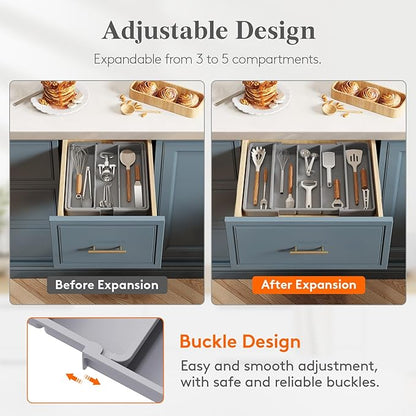 Lifewit Utensil Organizer for Kitchen Drawers, Expandable Cooking Utensil Tray, Adjustable Cutlery Silverware Flatware Holder, Plastic Spatula Tools Storage Divider, 11-18 x 14", Gray