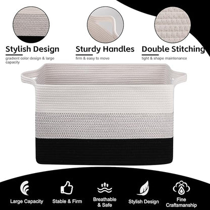 OIAHOMY Large Blanket Basket, 65L Cotton Rope Woven Laundry Basket, Toy Bin for Baby Room, Container for Blanket Storage in Living Room, 20''×16''×12'', Gradient Black