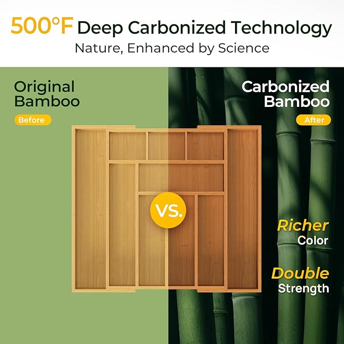 keechee Carbonized Bamboo Kitchen Drawer Organizer, 10 Slots Expandable Silverware Organizer, Utensil Holder & Cutlery Tray, 2.2" Deep for Extra Capacity, Non-Slip Feet Included