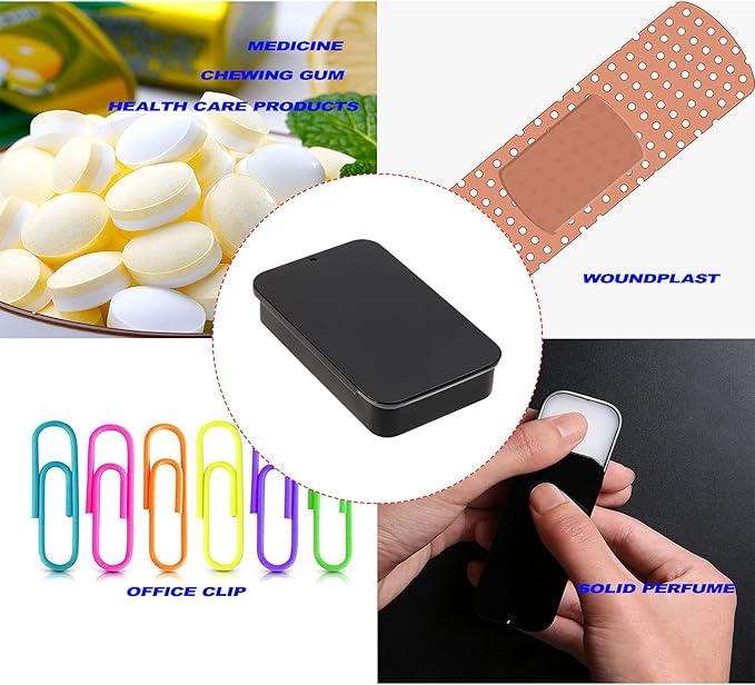 Mini Skater 4Pcs 3.15"x1.97"x0.59"Mini Metal Slide Top Tin Containers, Sliding Cover Push-Pull Tin Box,Portable Slide Cover Storage Box for Wedding Jewelry Lip Balm Container Cosmetic Organizer(Black)
