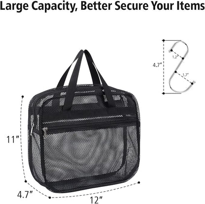F-color Mesh Shower Caddy Portable with Zipper -Dorm Room Essentials for Guys Girls with S Hook, Shower Bag Basket Tote for College Camping Toiletry Bathroom, Black