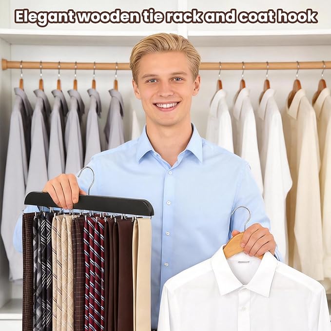 Tie Rack Hanger with 20 Foldable Metal Hooks, Space Saving Necktie Organizer for Men, Large Capacity, Wooden, Black