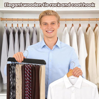 Tie Rack Hanger with 20 Foldable Metal Hooks, Space Saving Necktie Organizer for Men, Large Capacity, Wooden, Black