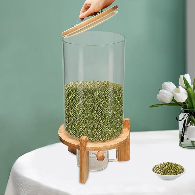 Glass Rice Dispenser with Airtight Lid, Bamboo Stand for Kitchen Pantry Organization (7.5L/1.98Gal)