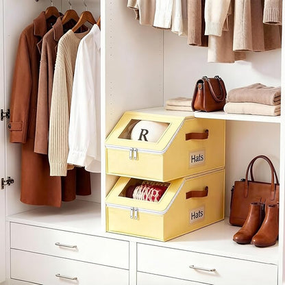 2 Pack Hat Organizer for Women & Men, Foldable Hat Storage Box with Clear Window Lid, Stackable Clear Hat Storage for Baseball, Cowboy Caps, Store up to 28 Caps, Butter Yellow