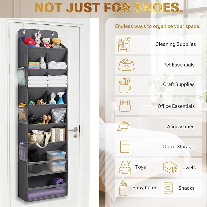 HOMELUX THEORY 30 Pairs Over The Door Shoe Organizer - 10 Tiers Deep Pockets Shoe Rack for Closet, Shoe Rack for Entryway & Hanging Shoe Organizer for Closet for Sneakers, Boots (V3, Dark Gray)
