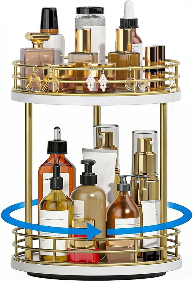 2-Tier Rotating Bathroom Countertop Organizer, Wooden Makeup Vanity Storage, Multifunctional Lazy Susan Turntable for Skincare, Perfume and Cosmetics (White-Gold)