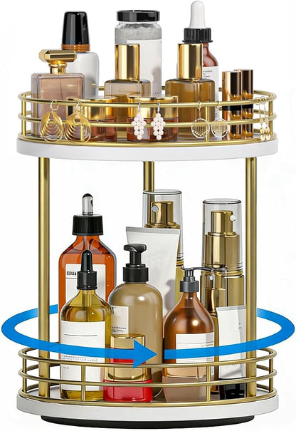 2-Tier Rotating Bathroom Countertop Organizer, Wooden Makeup Vanity Storage, Multifunctional Lazy Susan Turntable for Skincare, Perfume and Cosmetics (White-Gold)