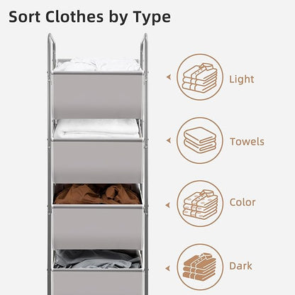 STORAGE MANIAC Vertical Rolling Laundry Hamper, 4 Section Laundry Sorter with Wheels and 2 Breaks, 4-tier Laundry Baskets for Small Space, Dorm, Laundry Room, Closet, Bathroom, Gray 4-tier