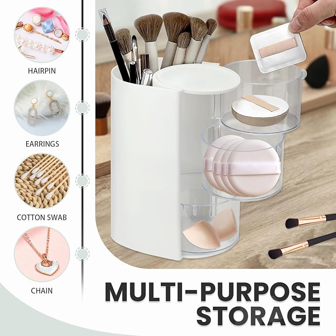 2 Pack Hair Accessories Organizer with Hair Brush Holder, 3-Tier Clear Rotatable Drawer Makeup Sponge Holder, Bathroom Qtip Cotton Swab/Pad/Ball Dispenser Jewelry Box (White)