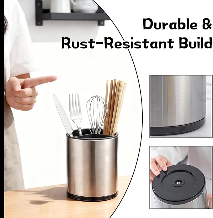 2 Pack Rotating Utensil Holder, 360° Spinning Stainless Steel Kitchen Utensil Holder, Countertop Cutlery Organizer Caddy with Removable Base for Forks, Knives, Spoons, Silver