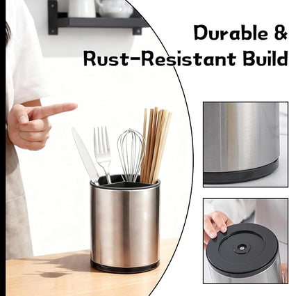 2 Pack Rotating Utensil Holder, 360° Spinning Stainless Steel Kitchen Utensil Holder, Countertop Cutlery Organizer Caddy with Removable Base for Forks, Knives, Spoons, Silver