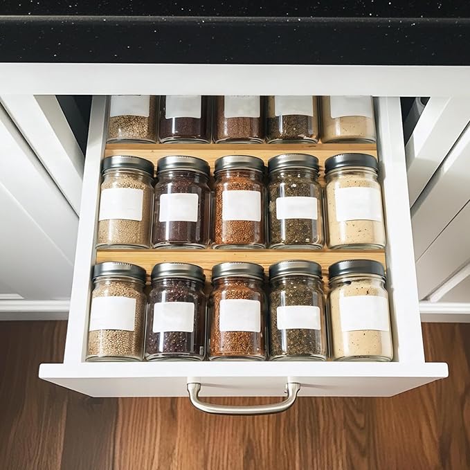 WodGod Bamboo Spice Rack For Drawer,4Pcs Tier Stackable Seasoning Storage Organizer Insert,for Kitchen Condiments Storage Insert(Jars Not Included,Combined Size:18.9" D x 9.5" W x 1.8" H