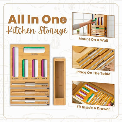 9 in 1 Storage Bag Organizer for Kitchen Drawer, Bamboo Foil and Plastic Wrap with Cutter, Ziplock Bag Organizer for Quart, Gallon, Sandwich & Snack Bags - Aluminum Foil Organizer