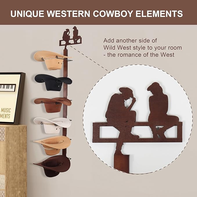 Cowboy Hat Rack Holder for Wall - Wild Western Style Design Hat Organizer with 6 Hat Hooks for Wall Mount, Hat Stand and Hanger for Storage and Organization , Gifts for Men Fathers Dad(Cowboy Lover)