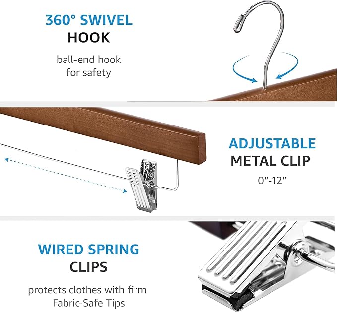 ZOBER Wooden Pants Hangers with Clips - 10 Pack Premium Wood Skirt Hangers for Women, Heavy Duty Wooden Hanger with Adjustable Metal Grip Clips for Jeans and Shorts, Smooth Finish, Vintage Wood