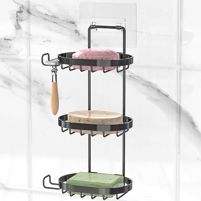 MASADI 3 Tier Soap Dish Holder,Soap Bar Holder with Hooks, Shampoo Bar Caddy for Shower Wall, Razor Holder for Shower, Bar Soap Container 304 Stainless Steel, Bathroom(Black)