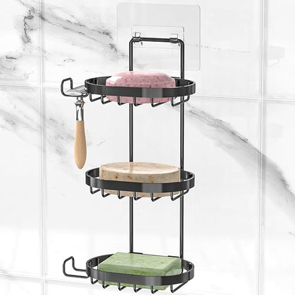 MASADI 3 Tier Soap Dish Holder,Soap Bar Holder with Hooks, Shampoo Bar Caddy for Shower Wall, Razor Holder for Shower, Bar Soap Container 304 Stainless Steel, Bathroom(Black)