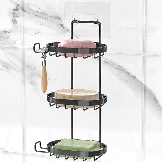 MASADI 3 Tier Soap Dish Holder,Soap Bar Holder with Hooks, Shampoo Bar Caddy for Shower Wall, Razor Holder for Shower, Bar Soap Container 304 Stainless Steel, Bathroom(Black)