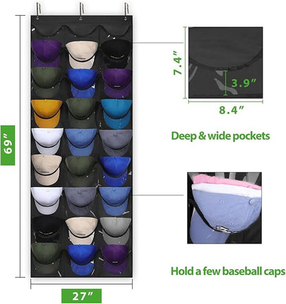 Dofilachy Hat Rack - Hat Organizer - Hat Racks for Baseball Caps, Visible Hat Holder - Baseball Rack for Wall Door with 3 Hooks, 27 Deep Pockets