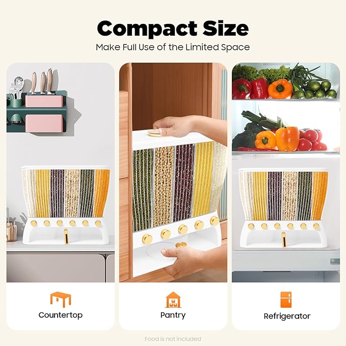 Cereal Dispenser, Multiple Grain Container, Kitchen Cereal Dry Food Containers Storage, 6 Grid Beans Grains Storage W/Rice Hopper for Store Rice, Red Beans, Yellow Beans