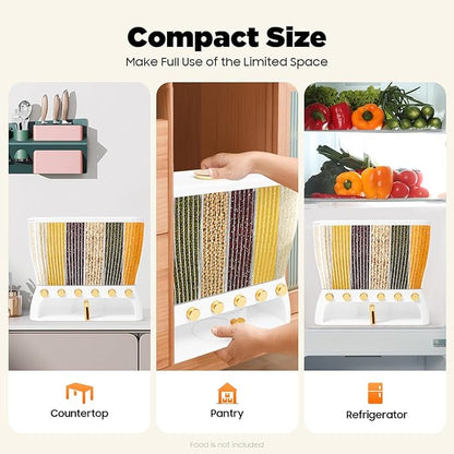 Cereal Dispenser, Multiple Grain Container, Kitchen Cereal Dry Food Containers Storage, 6 Grid Beans Grains Storage W/Rice Hopper for Store Rice, Red Beans, Yellow Beans
