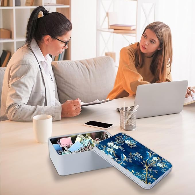 Exquisite Metal Tin Box Sturdy Metal Storage Box with Lid, Blue Birds Flowers Large Container Holder for TCG Cards, Car Keys, Cookies, Tin Containers for Gift, 5.0x3.7x1.6 Inch