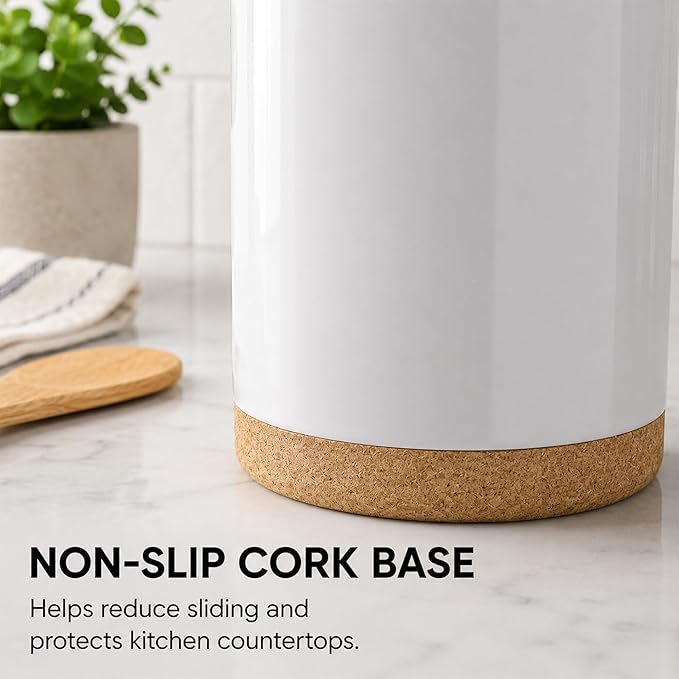 Ceramic Kitchen Utensil Holder for Countertop, Modern Crock with Non-Slip Cork Base, Counter Organizer for Cooking Tools , White