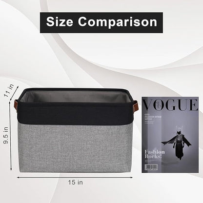 Bagnizer Storage Bins Large Fabric Storage Baskets for Shelves 3 Pack, Decorative Linen Closet Baskets with Handles for Organizing, Shelf, Clothes, Home, Office, 15x11x9.5Inches (Grey&Black)