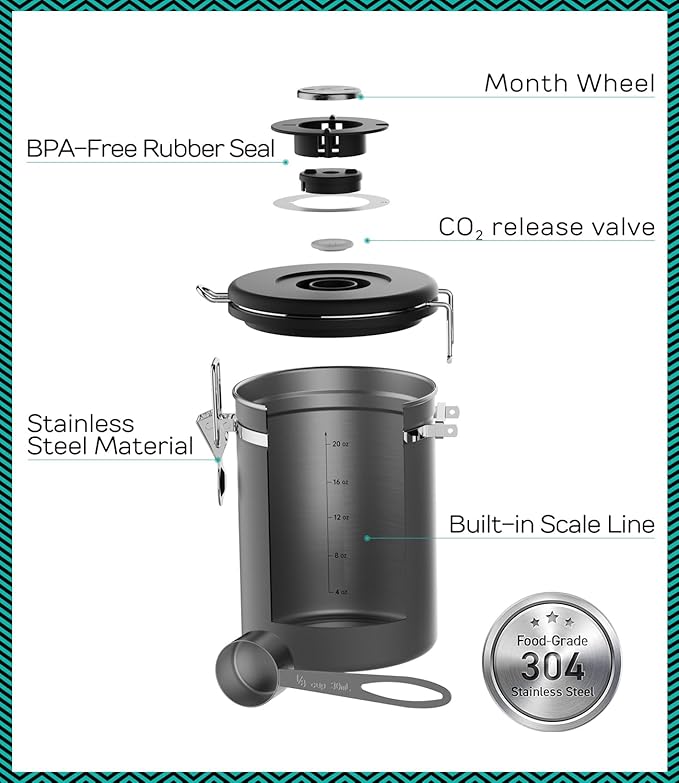 Coffee Gator Coffee Canister, 22oz Airtight Stainless Steel Kitchen Food Storage Container with Date-Tracker, CO2-Release Valve and Scoop for Beans, Grounds, Sugar, Cookies Jars, Tea, Cereal - Gray