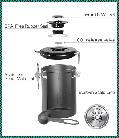Coffee Gator Coffee Canister, 22oz Airtight Stainless Steel Kitchen Food Storage Container with Date-Tracker, CO2-Release Valve and Scoop for Beans, Grounds, Sugar, Cookies Jars, Tea, Cereal - Gray