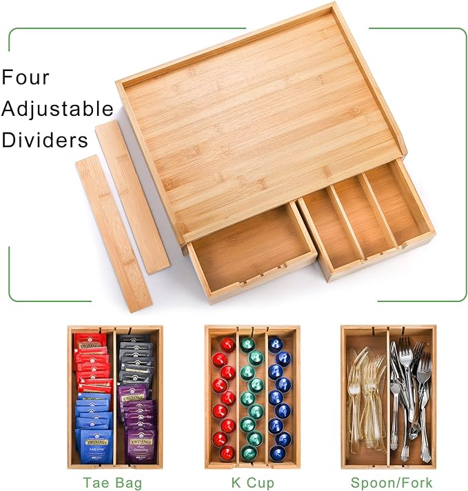 SOUJOY Bamboo Drawer Organizer for Coffee Pod, K Cup Organizer for Counter, Tea Bag Storage Organizer with Drawer and Side Storage Box for Kitchen Office Coffee Bar