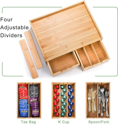 SOUJOY Bamboo Drawer Organizer for Coffee Pod, K Cup Organizer for Counter, Tea Bag Storage Organizer with Drawer and Side Storage Box for Kitchen Office Coffee Bar